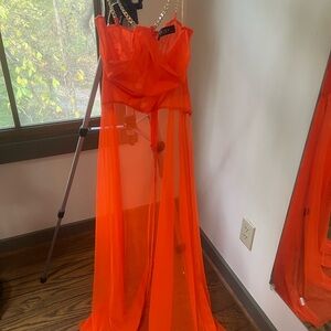 Vibrant Orange Sheer Dress with Chain Straps